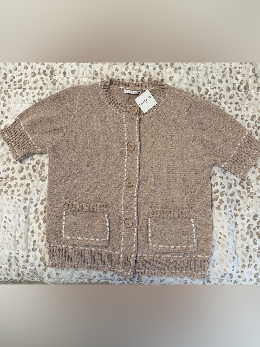 Staccato Short Sleeve Button Sweater in Taupe with white trim NWT Size Small